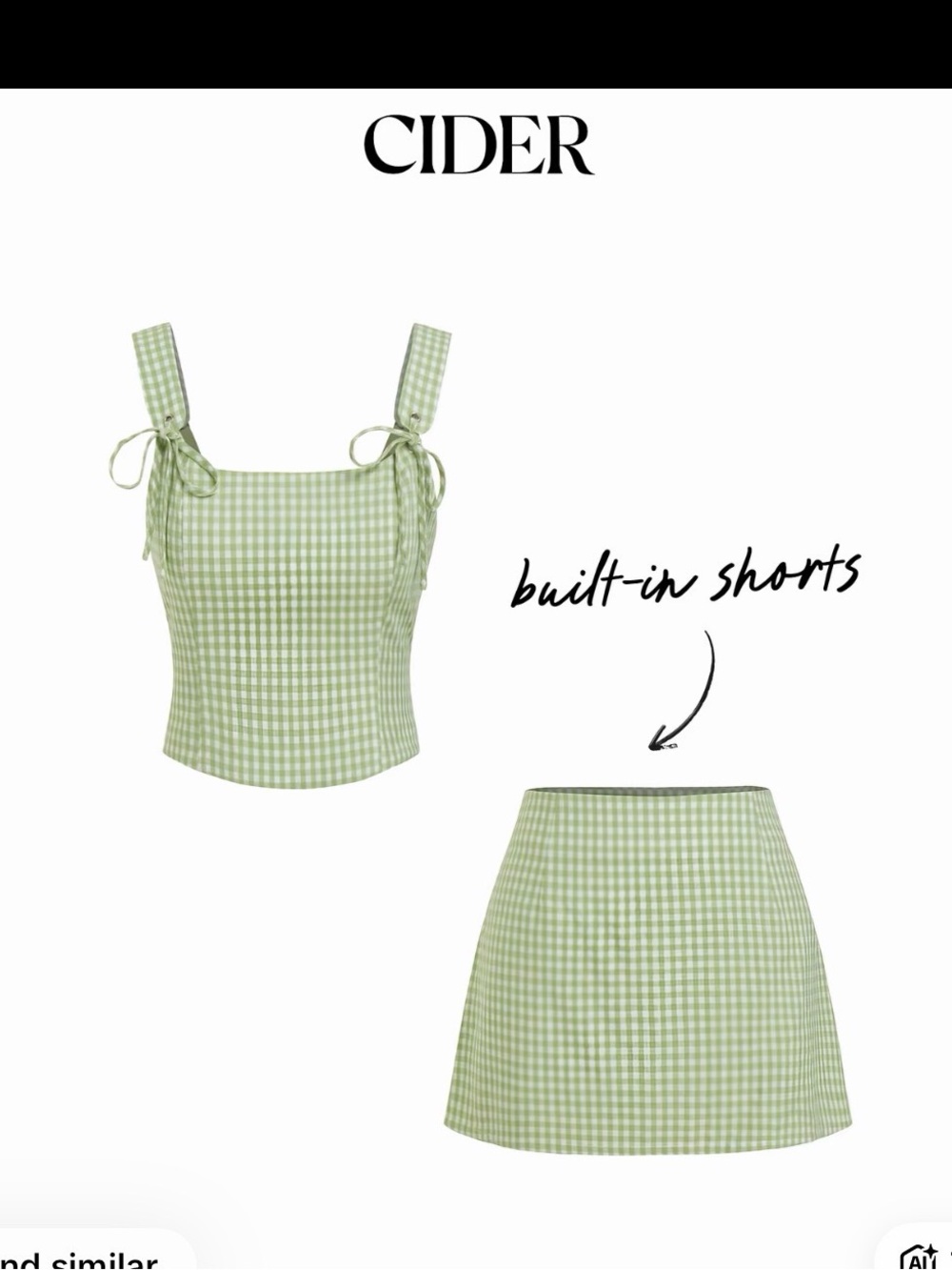 Cider Gingham Tie-Shoulder Two Piece Set in Sage Green- built in shorts - Picture 2 of 2